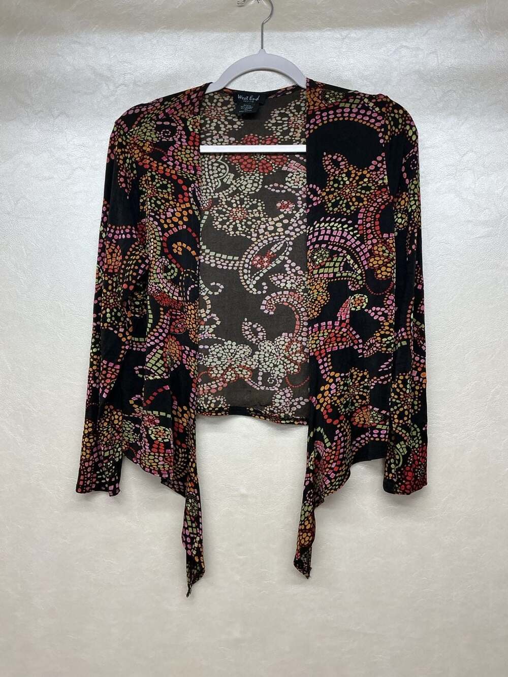 West End Petite Black Boho Paisley Long Sleeve Front Tie Cardigan